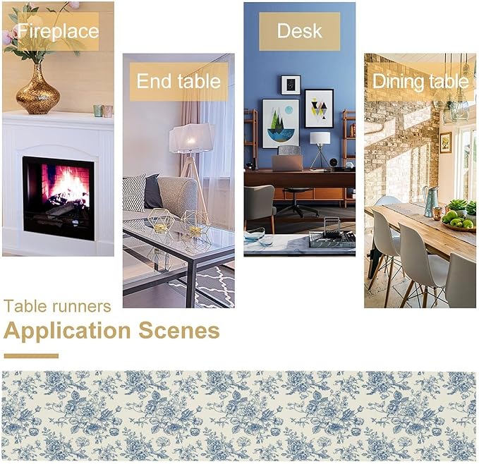 Floral Table Runner, Retro Blue Flower Chinoiserie Sketch Pattern Print Table - Image 5