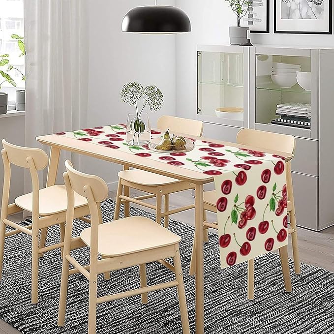 Red Cherry Table Runner Watercolor Tropical Fruit Spring Summer Wild Berry - Image 3
