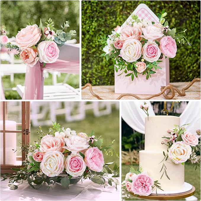 AmyHomie Blush Pink Artificial Flowers Combo Silk Rose Fake Flowers w/Stem - Image 6