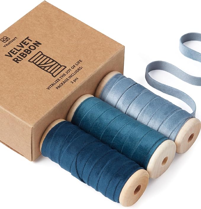 Vitalizart Blue Velvet Ribbon Set 3/8" x 15 Yd Fabric Trim Royal & Dusty Blue 3 by Vitalizart