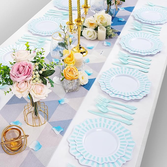 COLOSUS 150pcs Disposable Blue and White Striped Easter Plastic Party Plates - Image 6