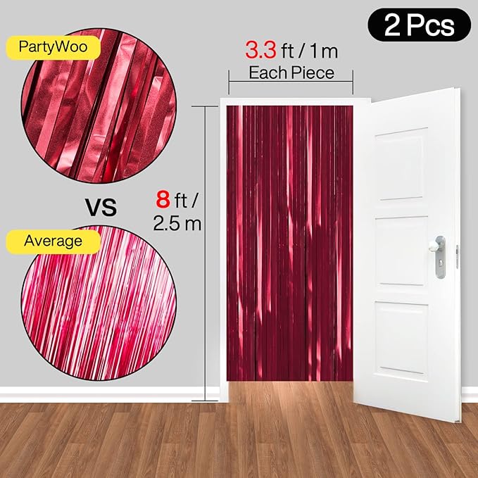 PartyWoo Red Streamers Fringe Curtain Backdrop 2pcs 8.2 ft Red Tinsel Foil - Image 6