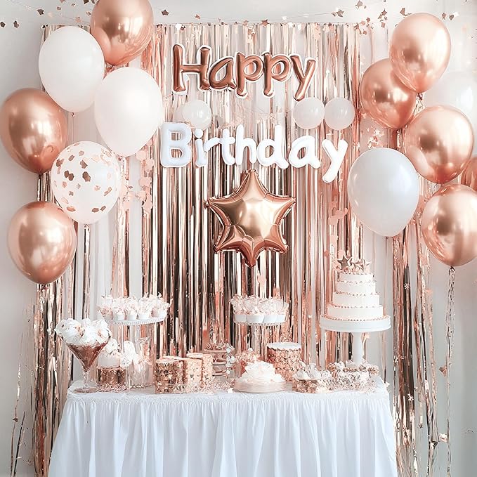 PartyWoo Rose Gold Curtains Backdrop Streamers 3pcs 8.2ft Rose Gold Foil Fringe - Image 3
