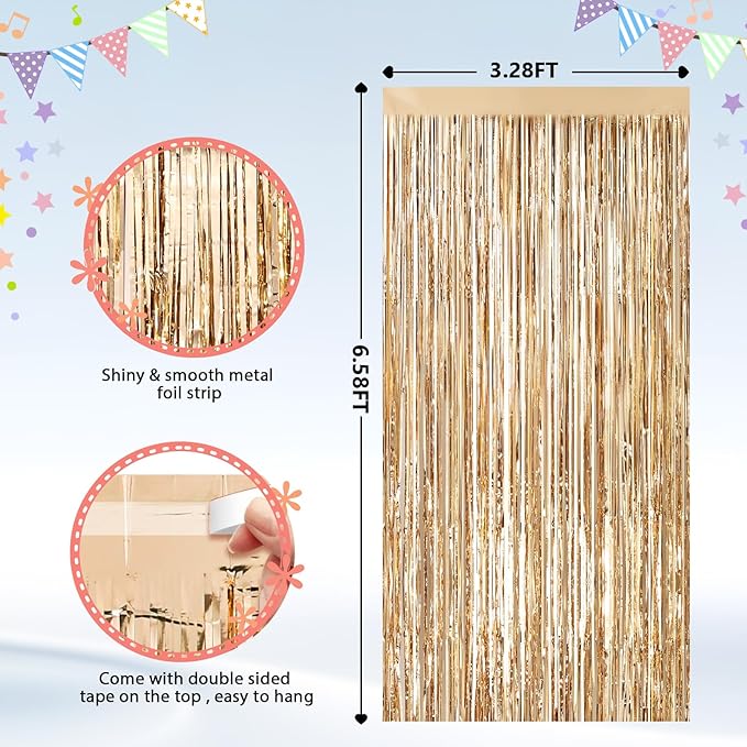 2Pack Champagne Gold Foil Fringe Backdrop Curtains, Tinsel Door Streamers - Image 2