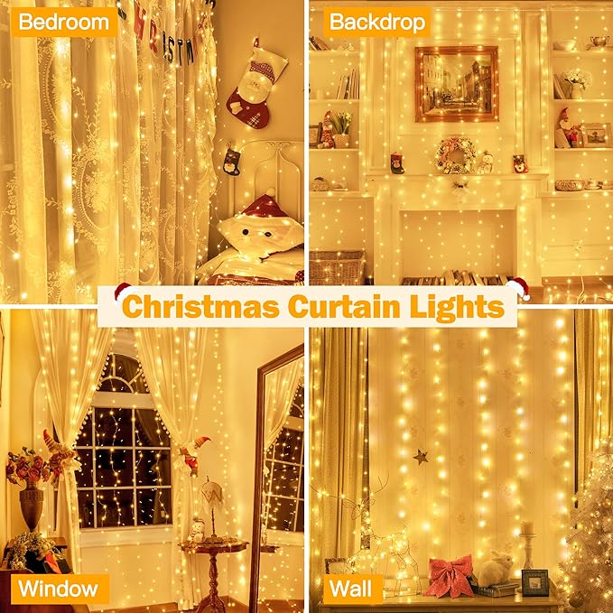 Ollny Silver Copper Wire Fairy Lights Curtain 200 LED 6.6x6.6ft, USB Warm White - Image 7