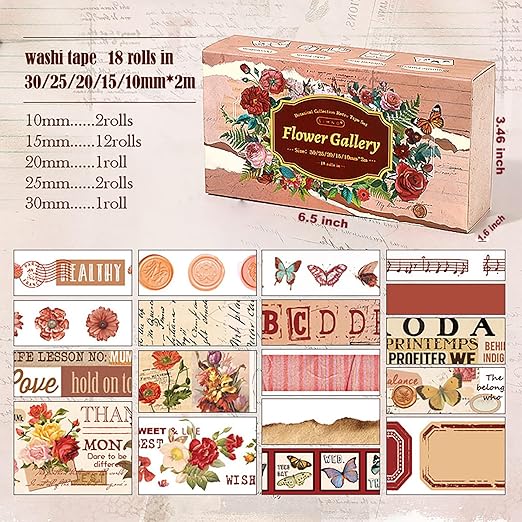 18 Rolls Washi Tape Set for Crafts and Journaling DIY Vintage Floral Tape - Image 3