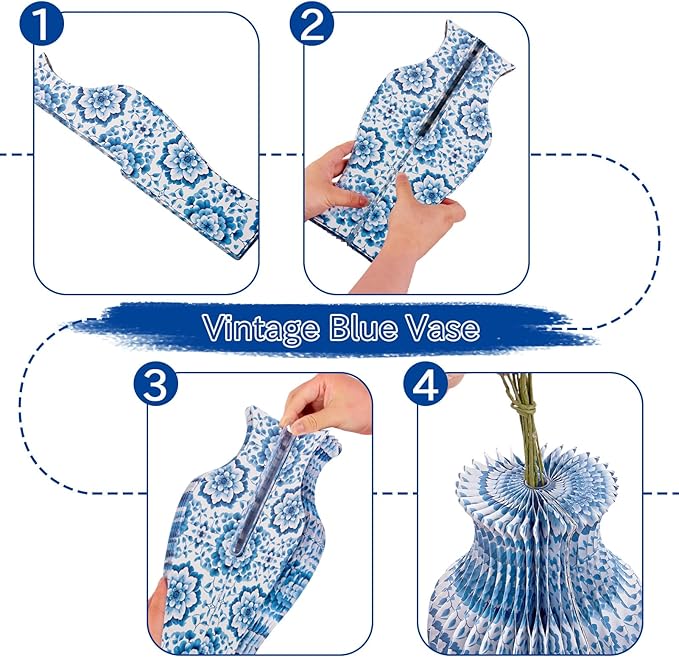 Blue and White Paper Honeycomb Vase, 11.6 Inch Foldable Decorative Vase - Image 3