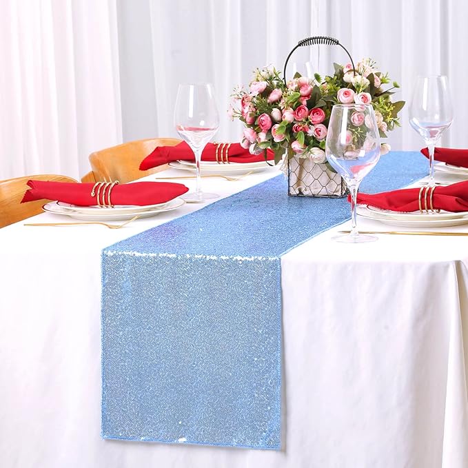 Sequin Table Runners 2 Pieces Baby Blue Table Runners 12x72 Inch Glitter Dining - Image 2