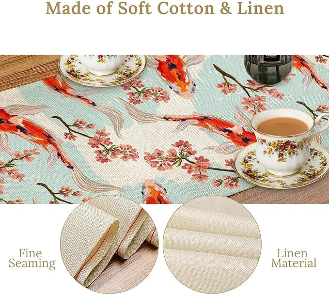 Japanese Kio Fish Table Runner Cherry Flower Art Printed Burlap Runner Home - Image 4