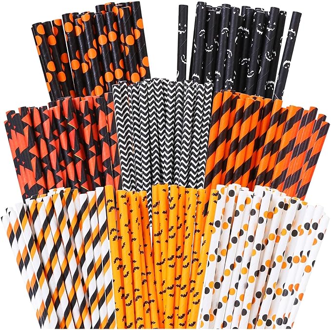 Cooraby 200 Pieces Halloween Paper Straws Pumpkin Bat Spider Web Pattern Straws by Cooraby