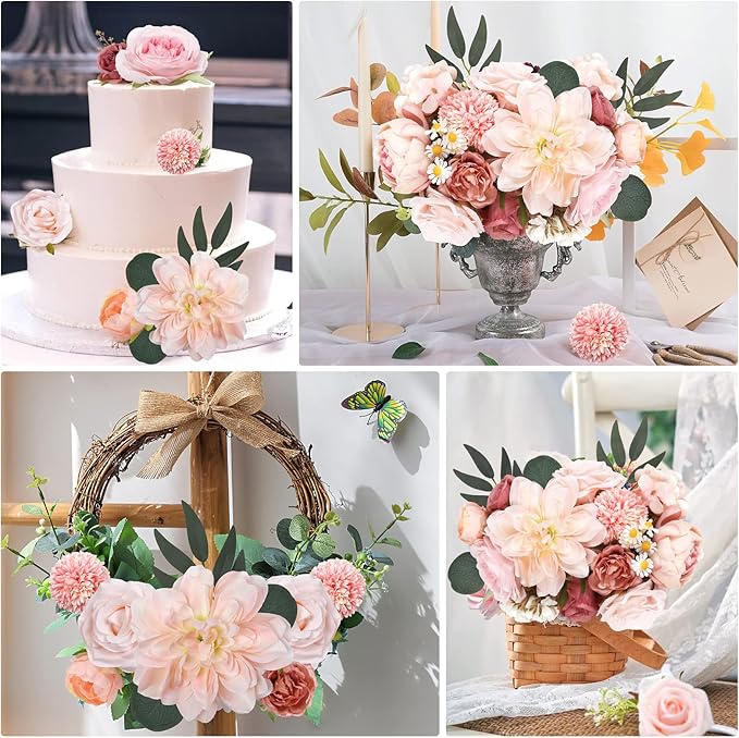 AmyHomie Pink Artificial Flowers Combo Silk Mix Peony Rose Hydrangea Daisy Fake - Image 4