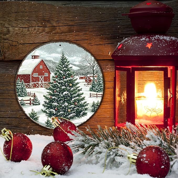 Round Christmas Trees Barn Metal Tin Sign Christmas Vintage Tin Sign - Image 5