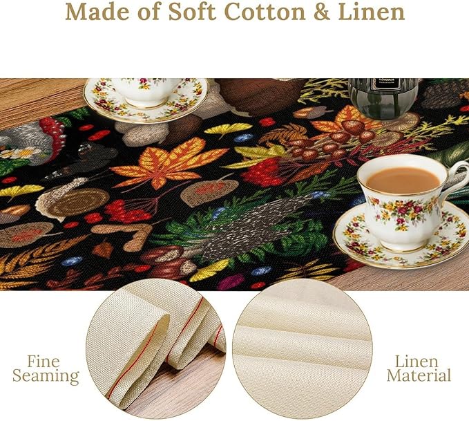 Nature Mushroom Table Runner, Retro Boho Floral Botanical Plant Forest Pattern - Image 4