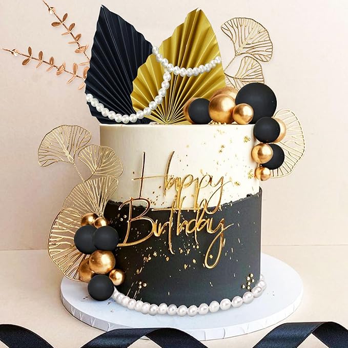 Boho Cake Topper Black Gold Balls Cake Topper Gold Leaves Cake Decoration Prom - Image 5