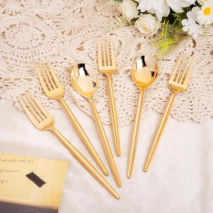 SUT 100PCS Gold Plastic Forks and Spoons Heavy Duty Set, Plastic Flatware - Image 6