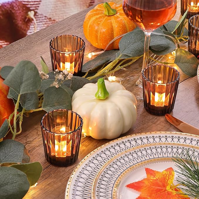 24pcs Vintage Ribbed Amber Votive Candle Holders, Fall Centerpieces - Image 3