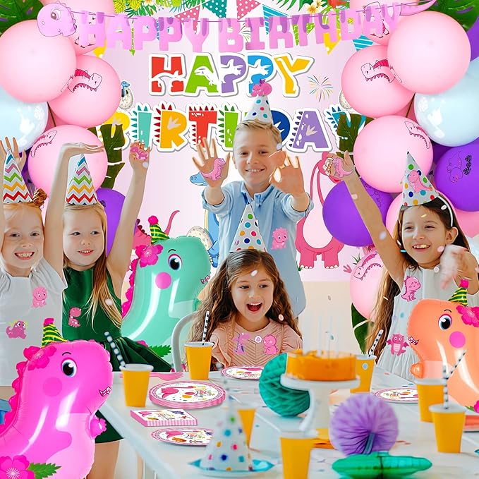 194 PCS Pink Dinosaur Party Decorations - Image 7
