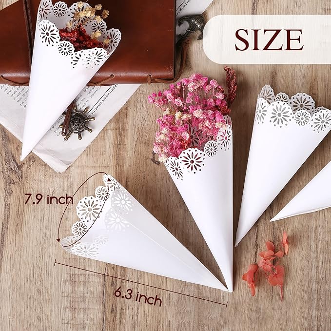 Yinsun 60pcs Wedding Confetti Cones White Hollow Paper Cone, Flower Pattern - Image 2