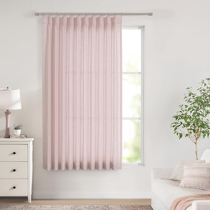 Vision Home Soft Pink Pinch Pleated Semi Sheer Curtains Textured Linen Blended by VisionHome