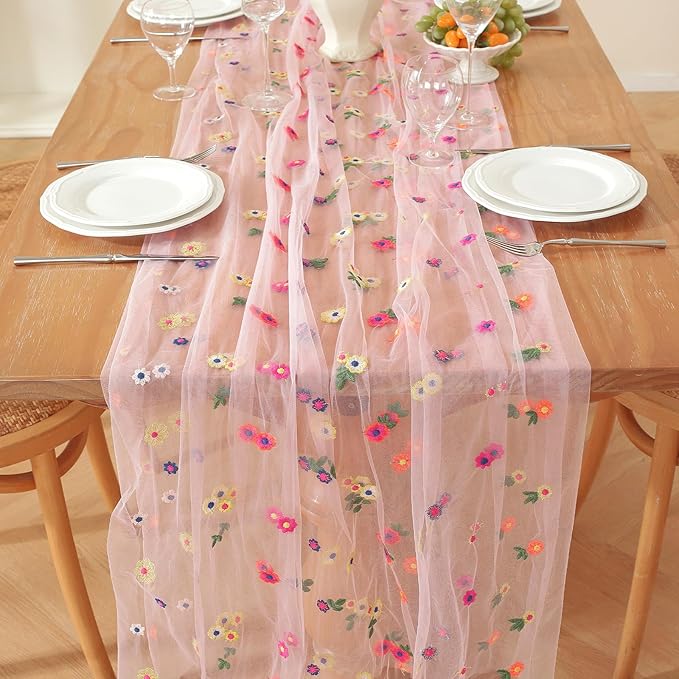 Pink Embroidery Daisy Fall Table Runner 120Inch 10FT Florals Soft Sheer Tulle - Image 5