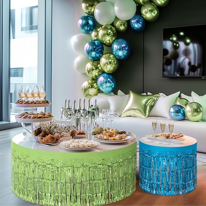 2 Pack Lake Blue Lime Green Table Skirts, 29x108" Metallic Foil Tinsel Fringe - Image 9