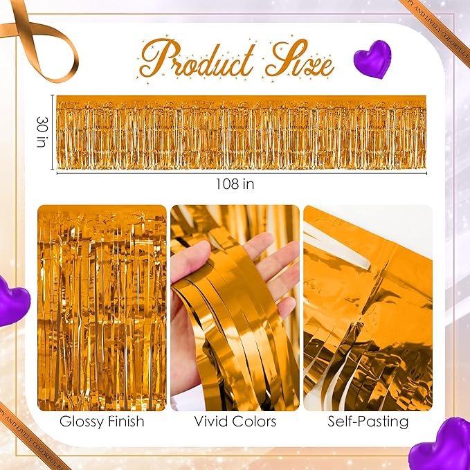 2 Pack Dark Purple Orange Table Skirts, 29x108" Metallic Foil Tinsel Fringe - Image 3