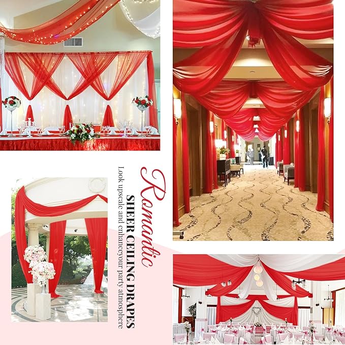6 Panels Red Wedding Ceiling Drapes 5ftx30ft Ceiling Drapes Chiffon Fabric Arch - Image 7
