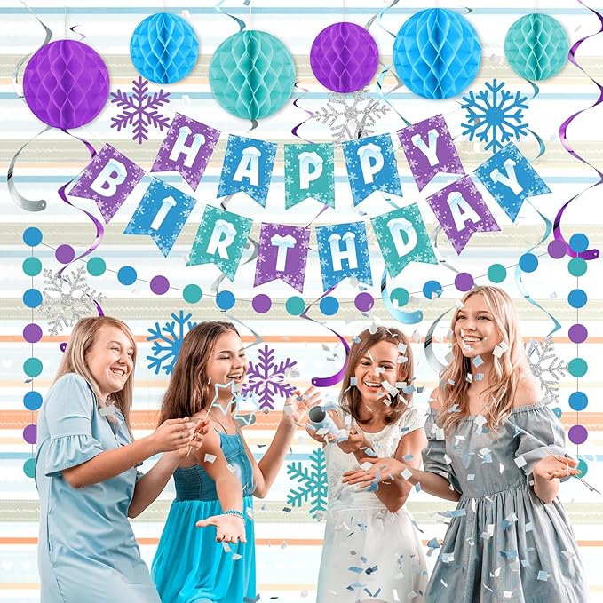 Funrous Snowflake Birthday Decorations Happy Birthday Banner Snowflake Hanging - Image 6