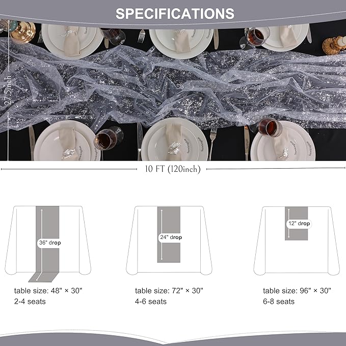 Snowkingdom 6 Pcs 10 FT Silver White Cheesecloth Table Runner Sheer Chiffon - Image 9