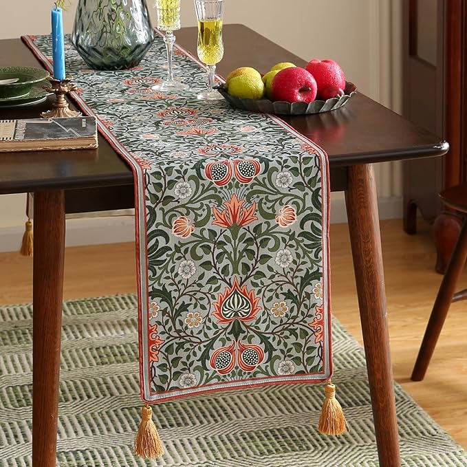 ISAENNE Designer French Green Elegant Linen Table Runner 87 Inches Long - Image 2