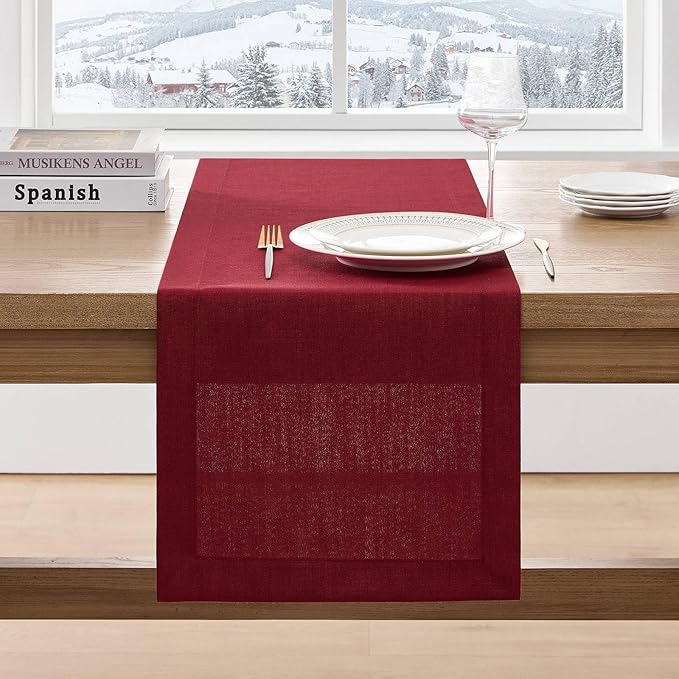 ZeeMart Linen Textured Border Table Runner, 14 x 108 Inch Red, Farmhouse Style by ZEEMARTONLINE