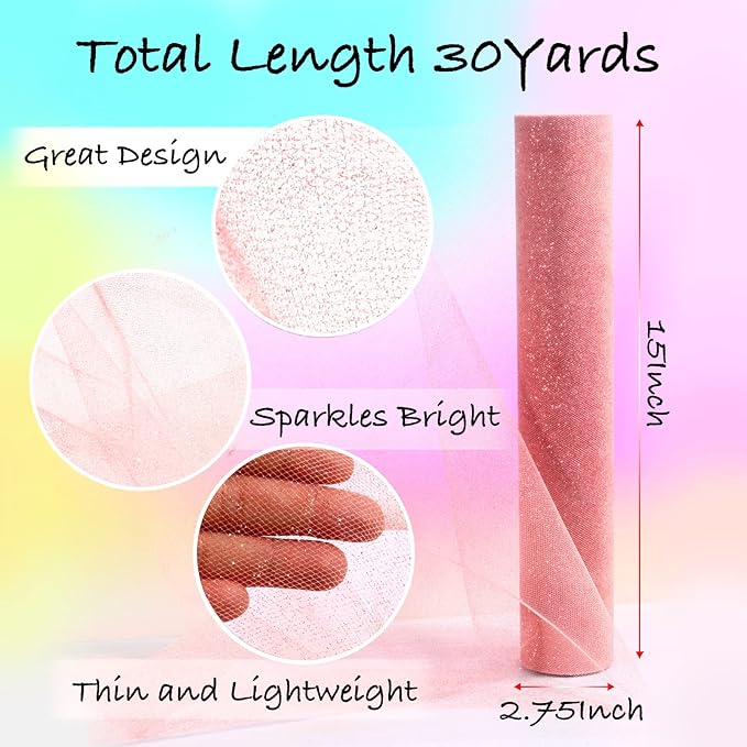 Sparkling Tulle Rolls, 15” by 30 Yards Glitter Tulle Spool Ribbon Fabric - Image 2