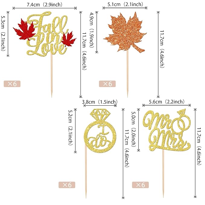 24 PCS Fall in Love Cupcake Toppers Glitter Maple Leaf Cupcake Picks Mr & Mrs - Image 2