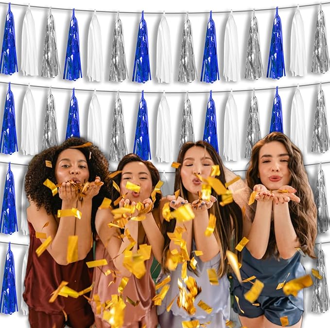 4P Navy Blue White Silver Foil Fringe Tassel Banner Garland Metallic Tinsel - Image 6