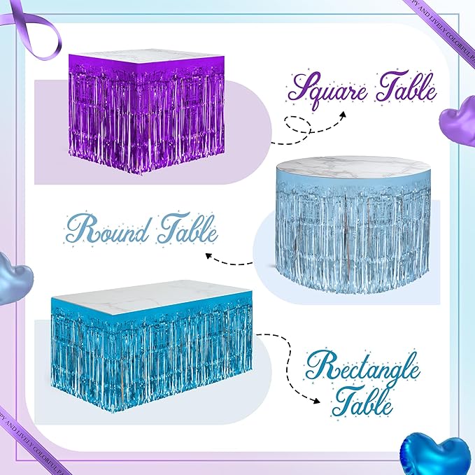 4 Pack Blue Purple Series Table Skirts, 29x108" Metallic Foil Tinsel Fringe - Image 4