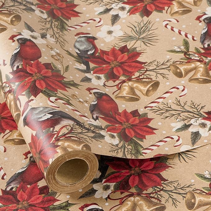 RUSPEPA Kraft Christmas Wrapping Paper Roll, Mini Roll, Cardinal Bird, by RUSPEPA