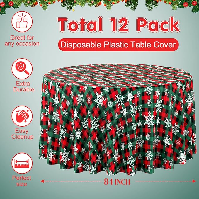 12Pcs Christmas Buffalo Plaid Snowflake Party Tablecloths Decorations, Plastic - Image 2