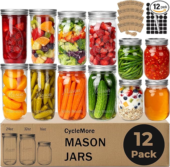 CycleMore Mason Jars Bundle, 12 Pack J Canning Jars by CycleMore