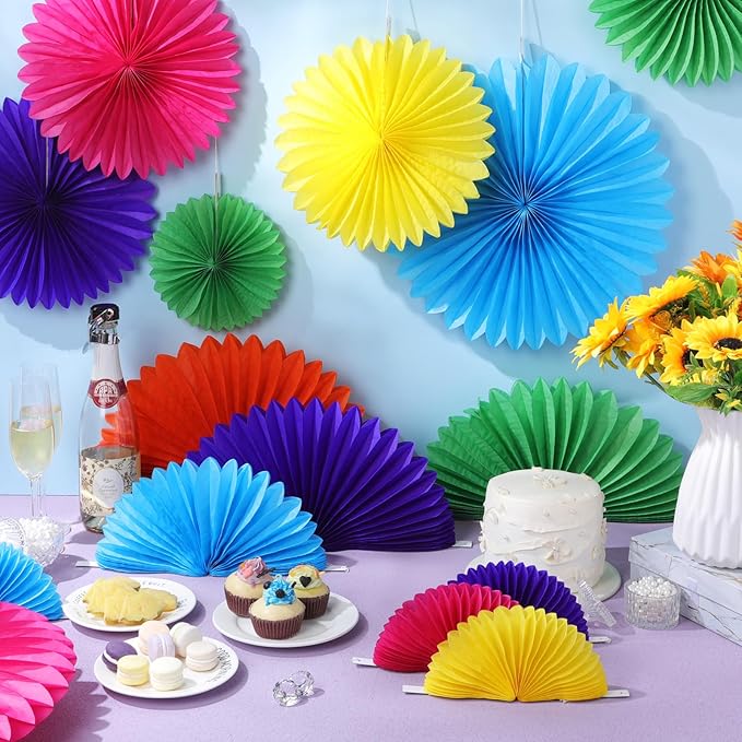 MotiMind 24 Pcs Rainbow Paper Fans Rainbow Party Decorations Classroom Decor - Image 2