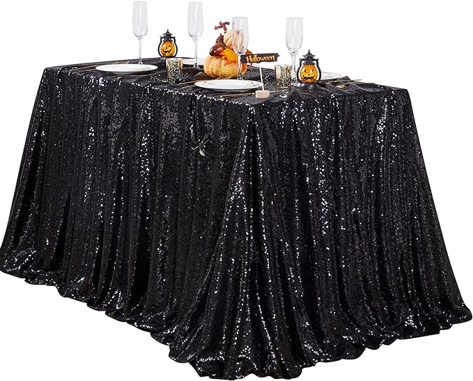 QueenDream Black Sequin Tablecloth 60" x 102" Black Table Cloth Rectangle by QueenDream