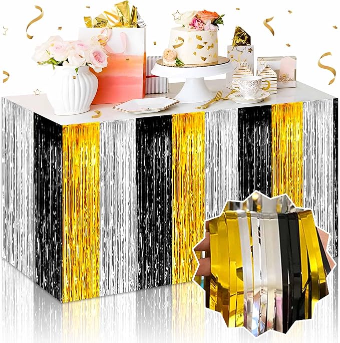 3 Pack Black Gold Silver Foil Fringe Table Skirts Metallic Tinsel Streamers by LANTIANCHEN