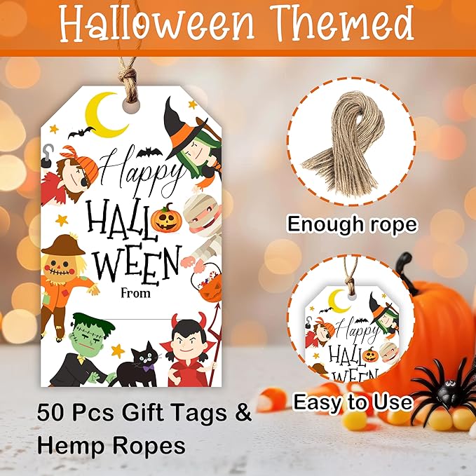 50 Pcs Halloween Tags with String, 2.1"×3.5" Pumpkin Paper Gifts Tags, Ghost - Image 2