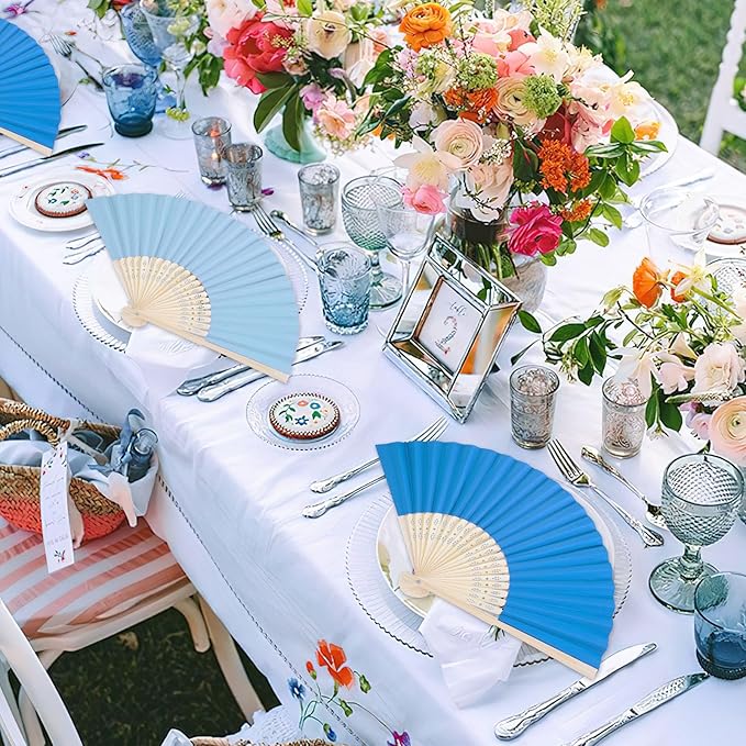 JOHOUSE 12Pcs Blue Paper Folding Hand Fans, 8.3 Inch Handheld Portable - Image 2