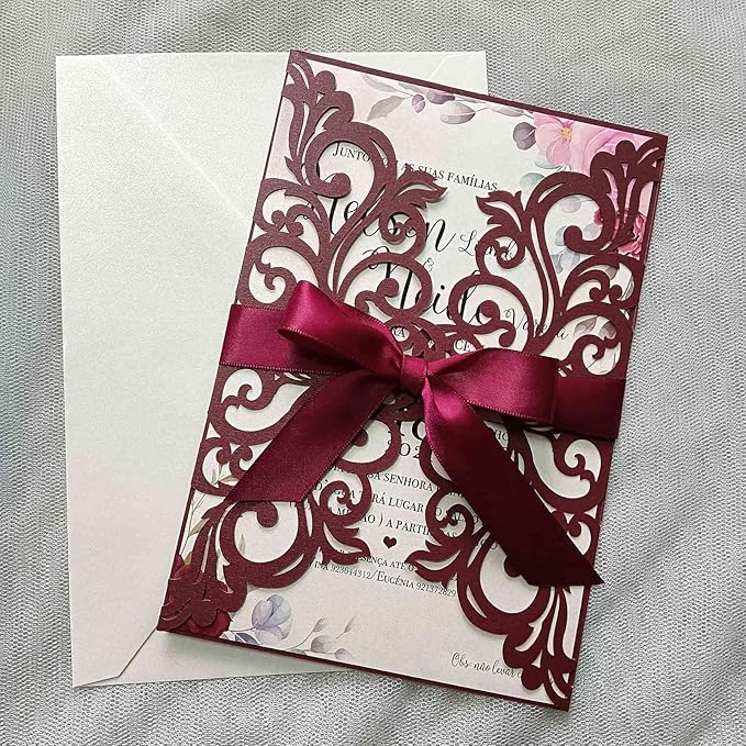 25PCS Laser Cut Burgundy Wedding Invitations Cards - Image 5