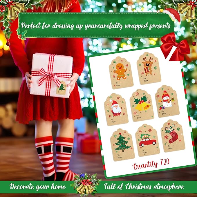 Zonon 720 Pieces Self Adhesive Christmas Gift Tag Xmas Kraft Name Tags Natural - Image 5