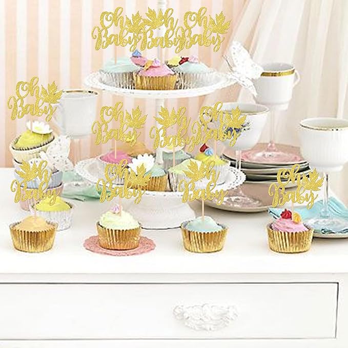 24 PCS Maple Leaf Oh Baby Cupcake Toppers Glitter Fall Baby Shower Cupcake Picks - Image 4