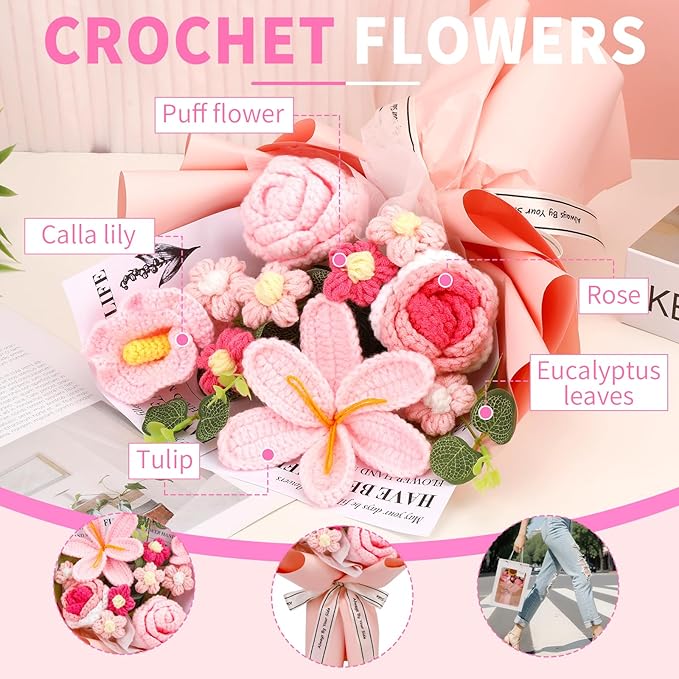 Crochet Flowers Bouquet, Handmade Knitting Crochet Flowers, Tulips Flower and - Image 4