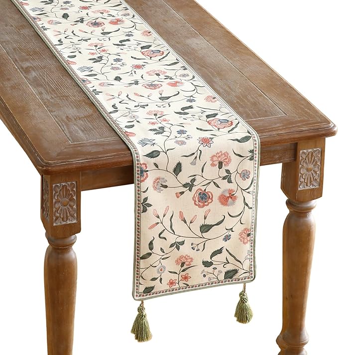 ISAENNE Designer Chinoiserie Elegant Linen Floral Table Runner 102 Inches Long by Isaennehomedecoration