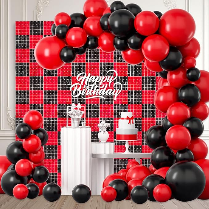 12PCS Black Red Shimmer Wall Backdrop, Square Sequin Photo Backdrops Panel by ZEBMOON