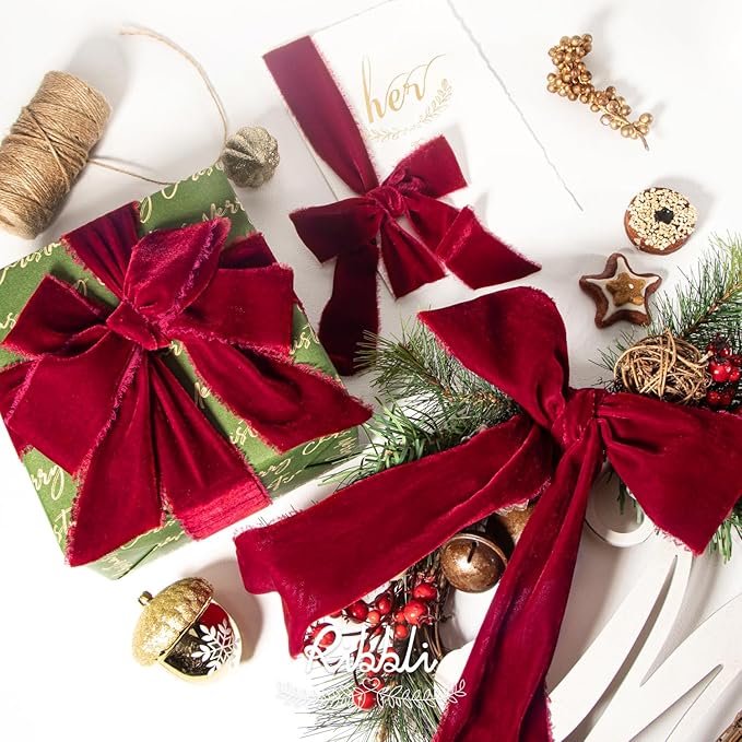 Ribbli Burgundy Velvet Ribbon 1.5 Inch Handmade Frayed Vintage Christmas Ribbon - Image 4
